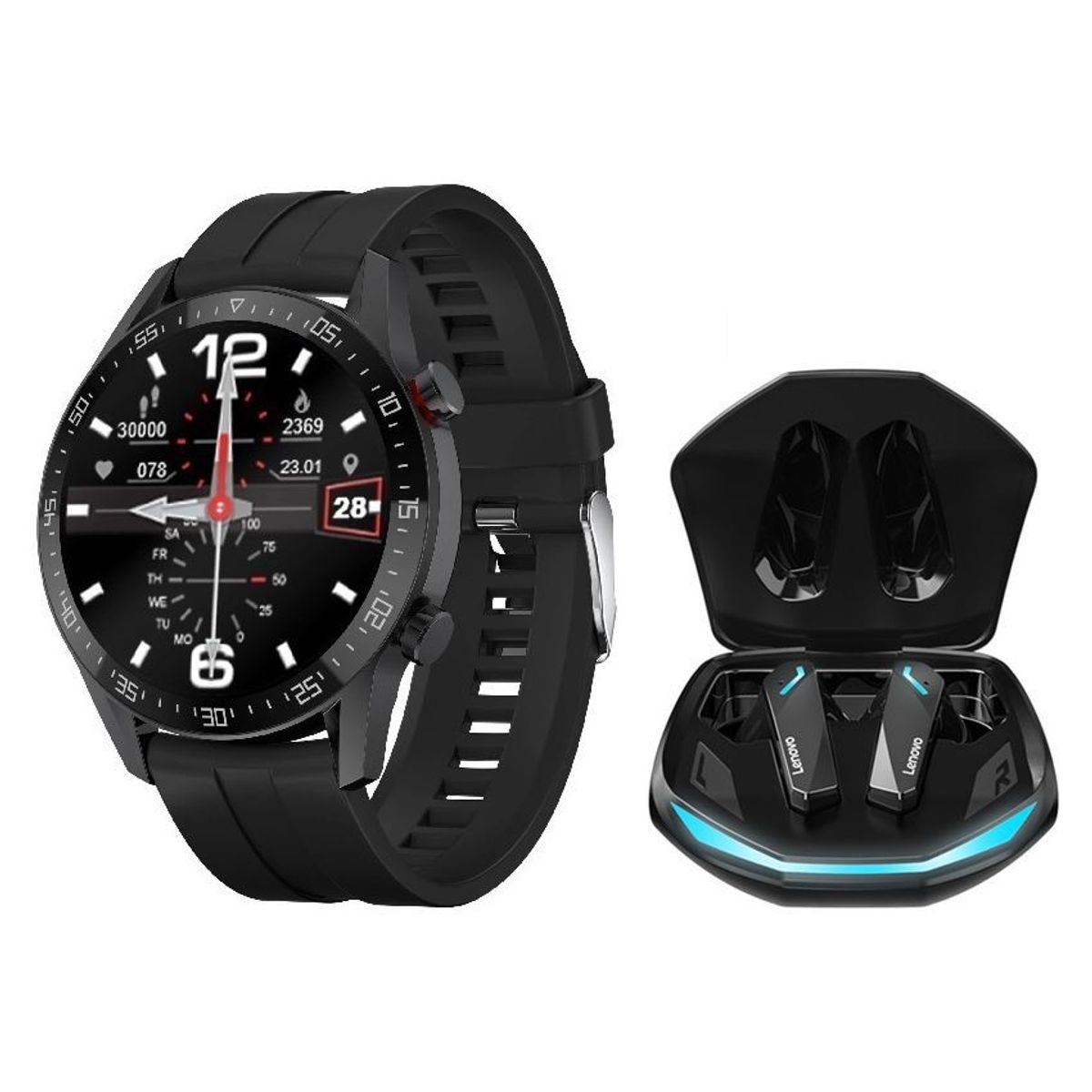 LENOVO - Audífono Lenovo GM2 PRO y Toumi Watch GT-R 1.36 HD Reloj inteligente