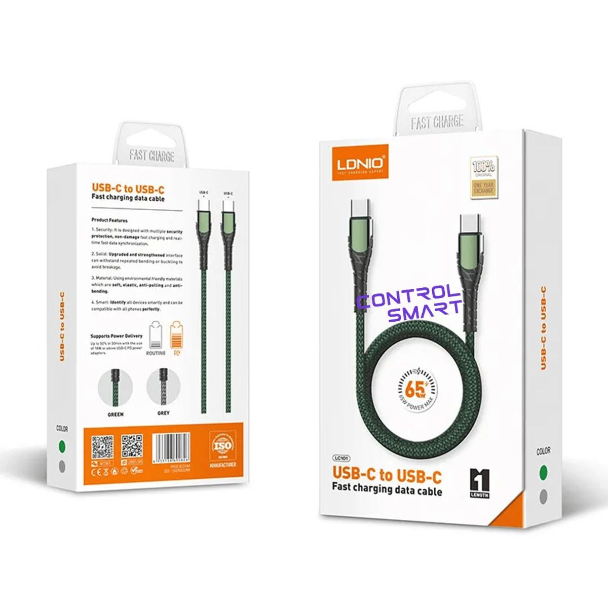 LDNIO - Cable USB-C a USB-C Para MacBook iPad De 1mt Anti Quebraduras-Gris