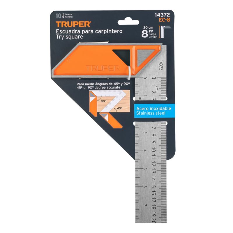 TRUPER - Escuadra 8 para carpintero con mango 100 de aluminio.