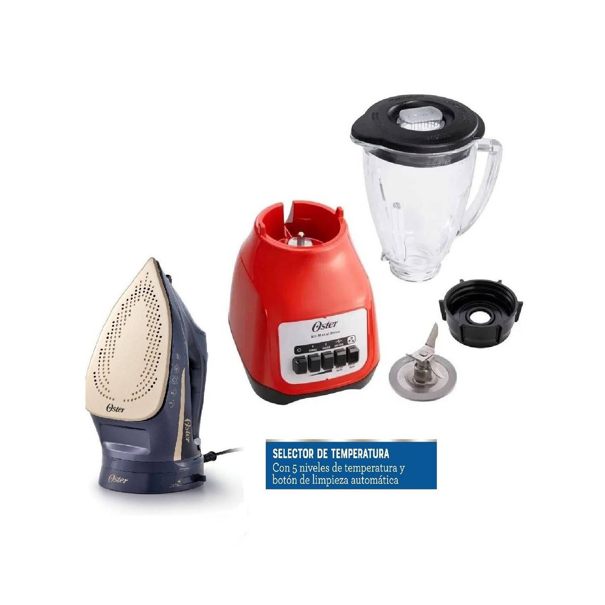 OSTER - Combo Licuadora Oster 2 Velocidades Rojo y Plancha de vapor 2 en 1