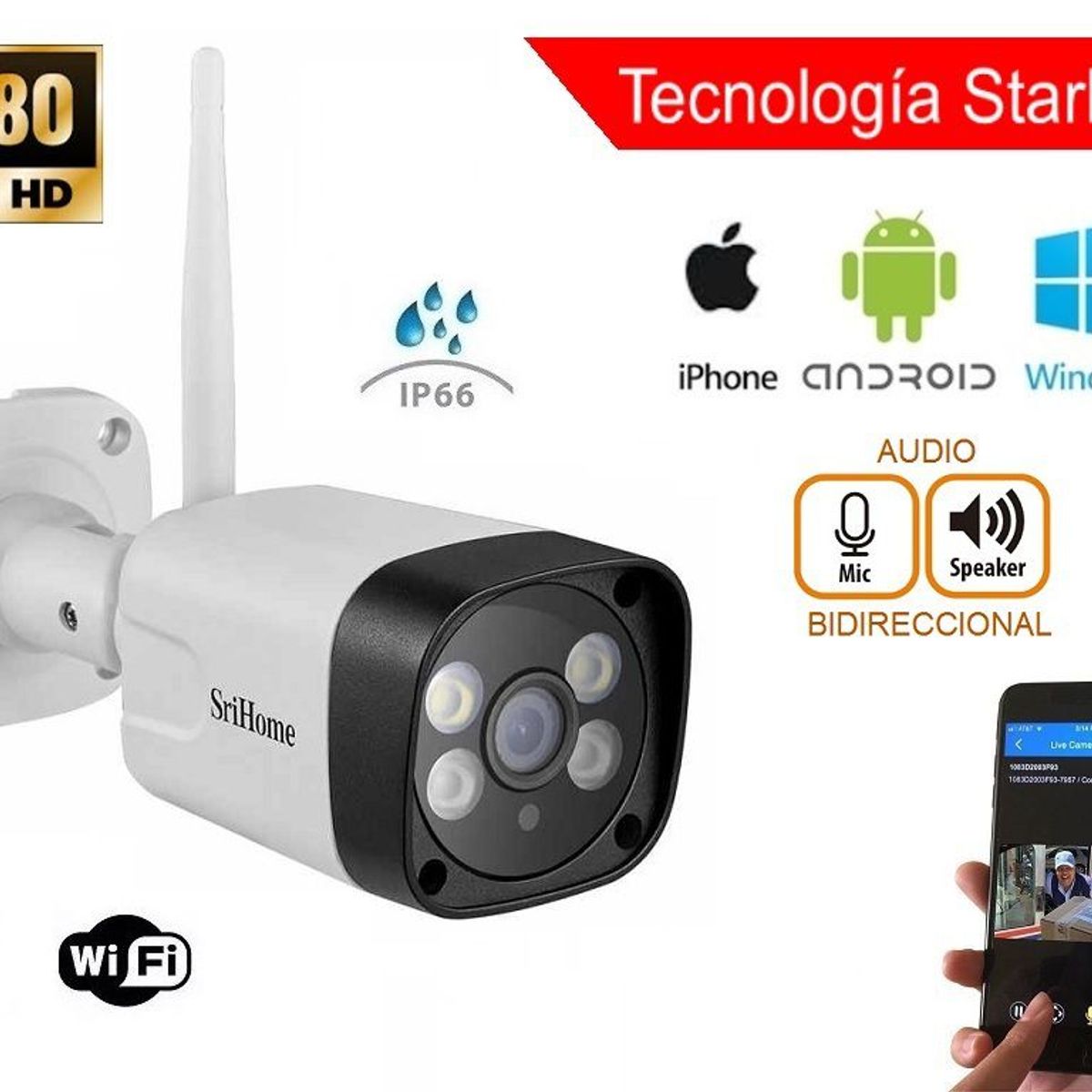 SRIHOME - CÁMARA VIGILANCIA EXTERIOR WIFI 128G STARLIGHT AUDIO SRIHOME