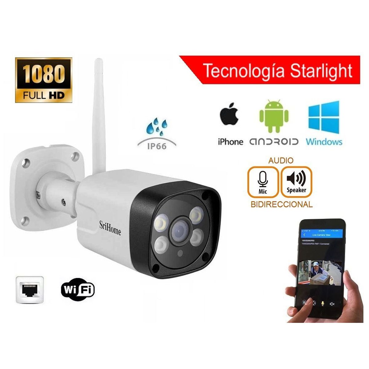 SRIHOME - CÁMARA VIGILANCIA EXTERIOR WIFI 128G STARLIGHT AUDIO SRIHOME