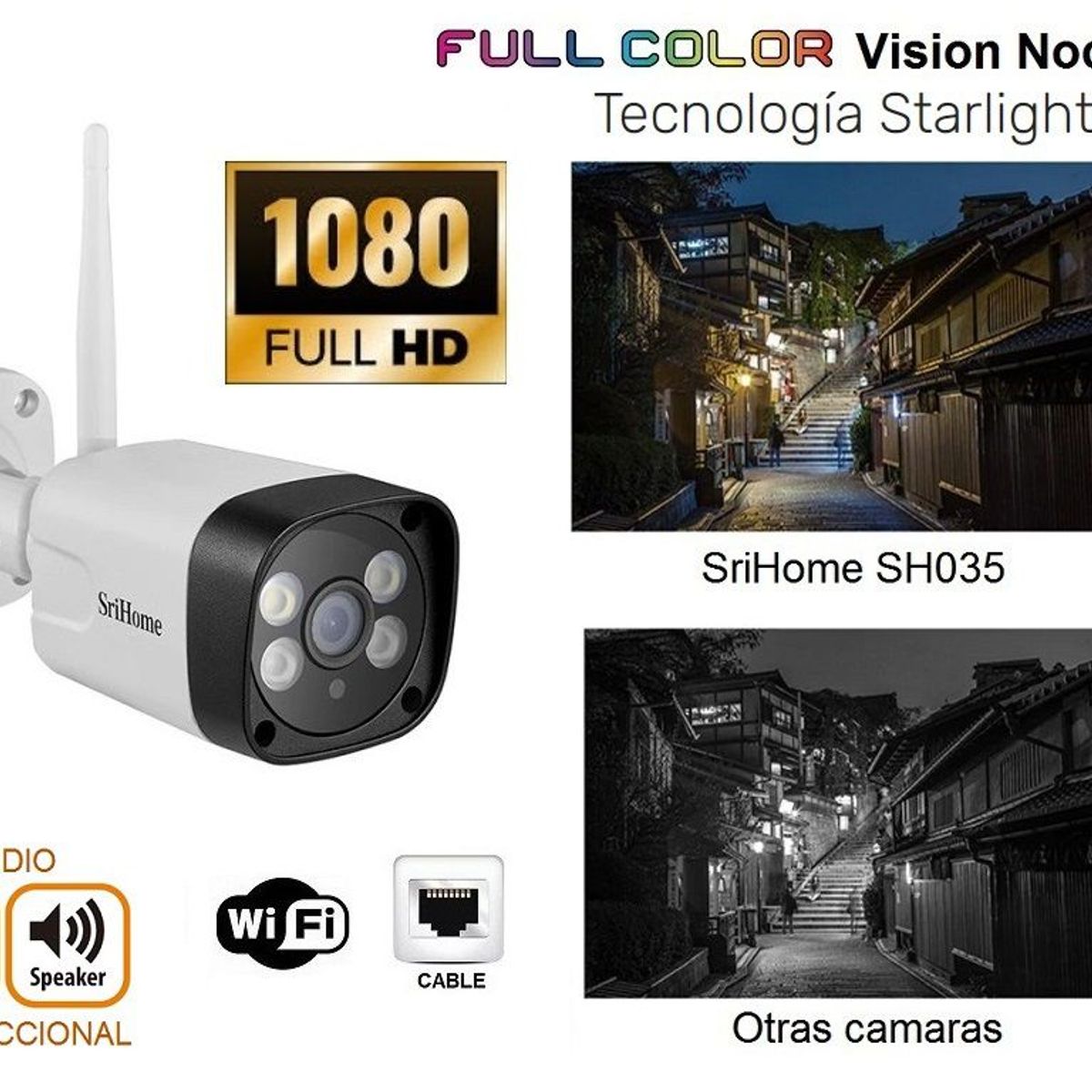SRIHOME - CÁMARA VIGILANCIA EXTERIOR WIFI 128G STARLIGHT AUDIO SRIHOME