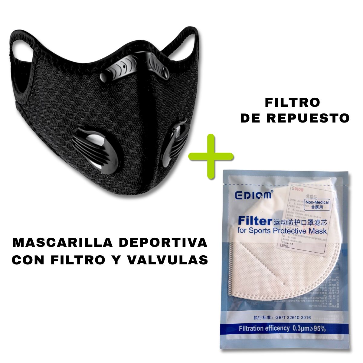 GENERICO - MASCARILLA DEPORTIVA CON FILTRO VALVULAS + FILTRO DE REPUESTO