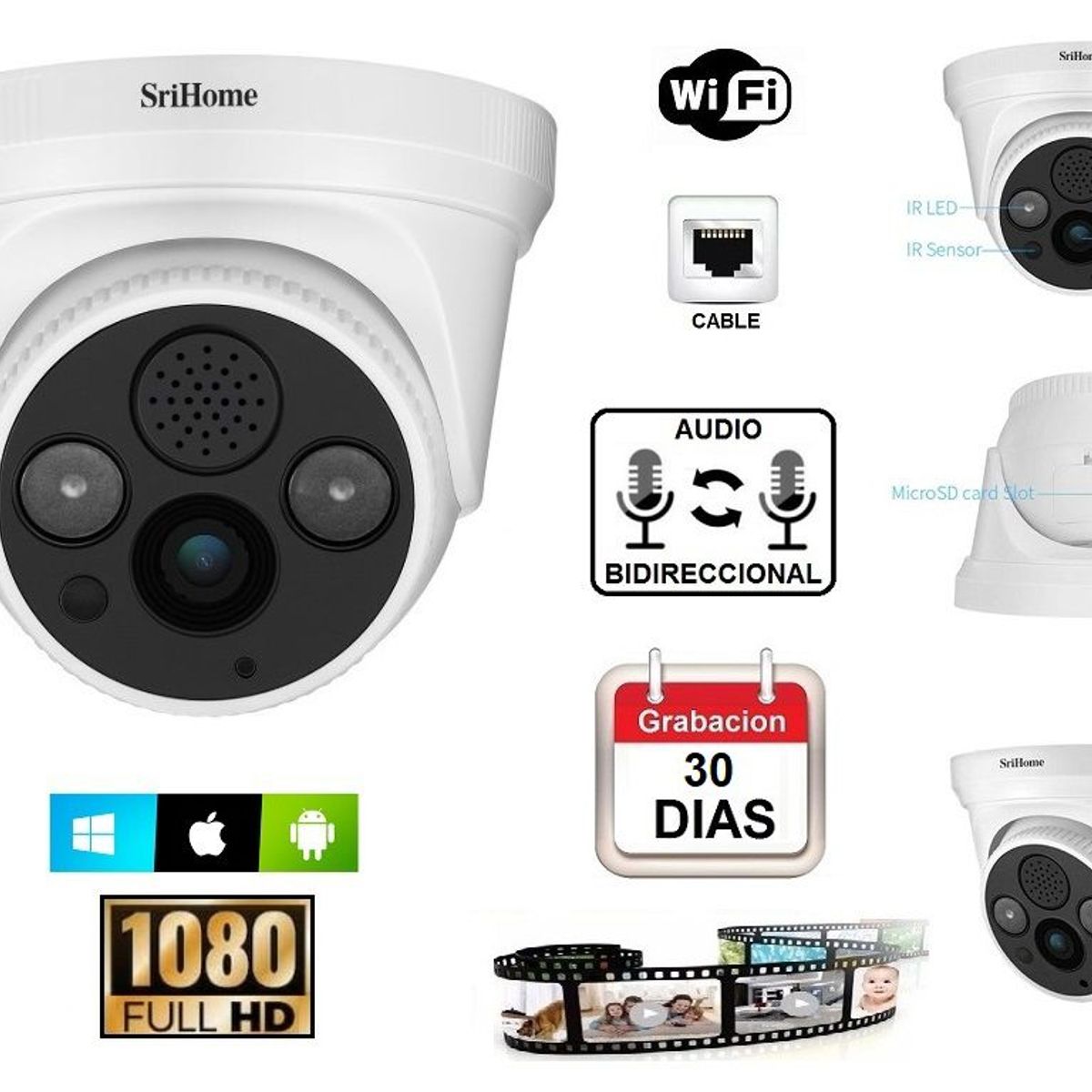 SRIHOME - CÁMARA VIGILANCIA WIFI INTERIOR 128Gb AUDIO SRIHOME