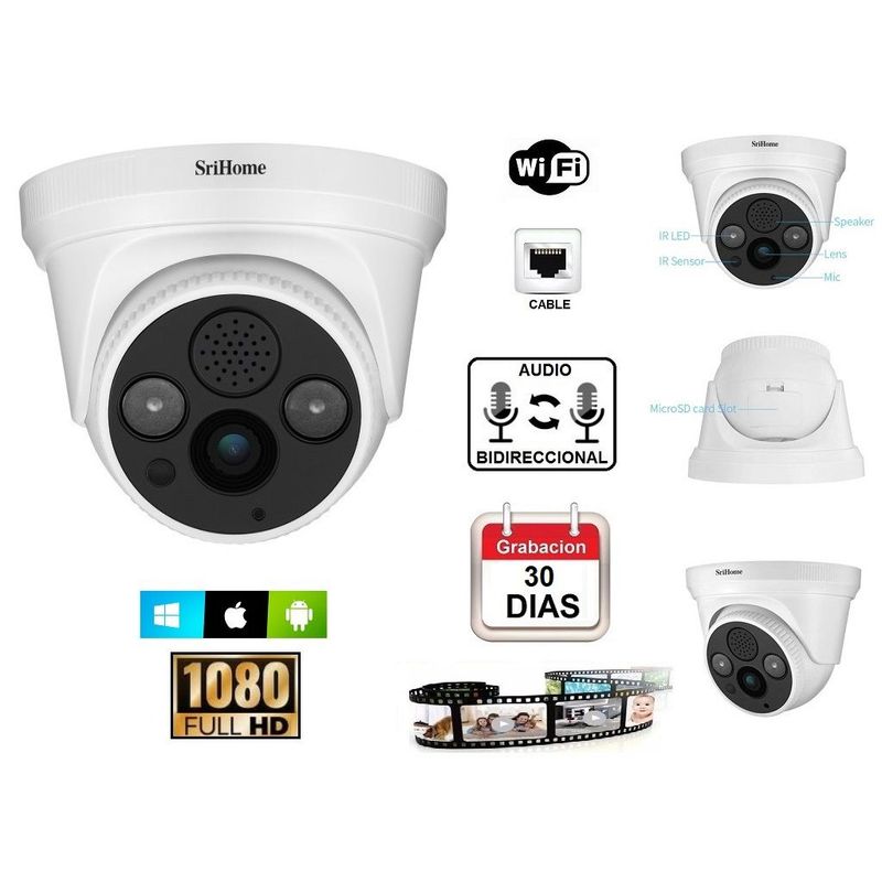 SRIHOME - CÁMARA VIGILANCIA WIFI INTERIOR 128Gb AUDIO SRIHOME