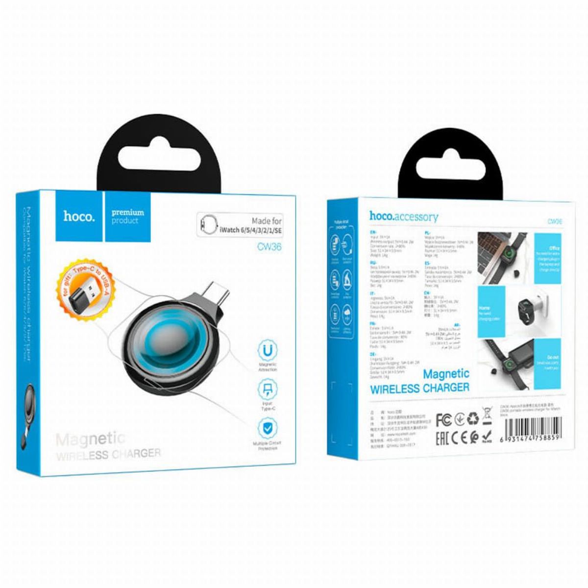 HOCO - Cargador Wireless para iWatch Tipo C a USB Hoco CW36 Negro De Calidad