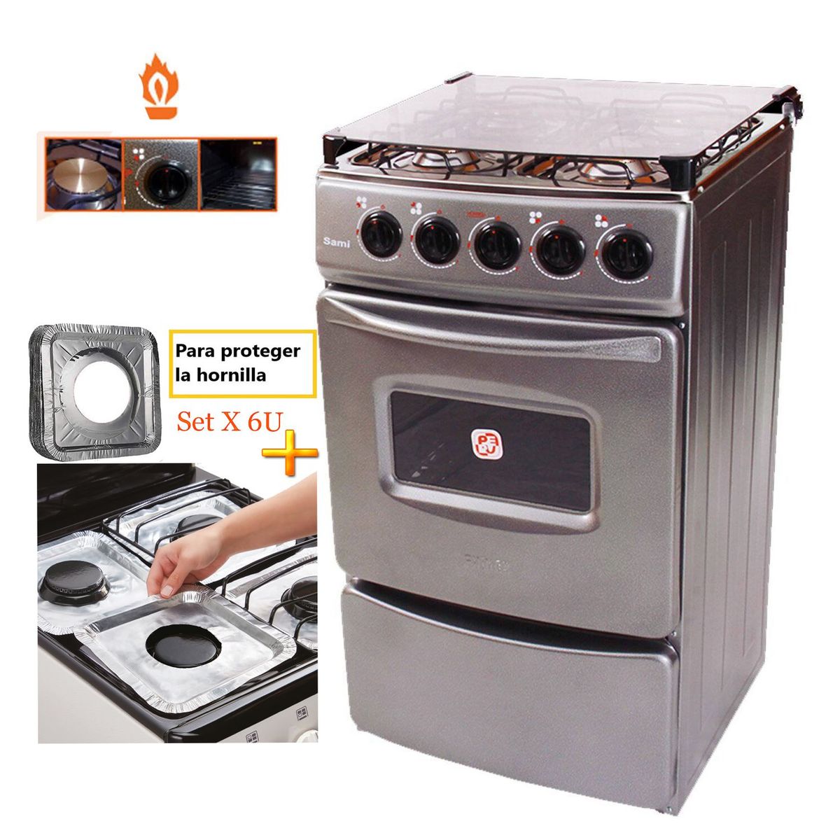 FADIC - Cocina Fadic con tapa de vidrio y horno sami 4h Gris Protector