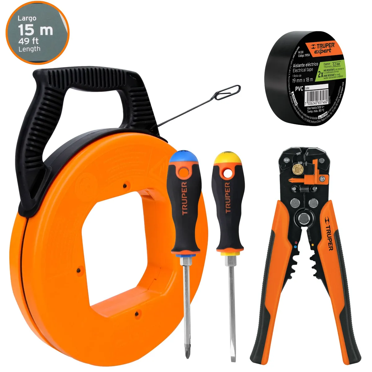TRUPER - KIT wincha pasacables uso rudo 15m pelacables profesional desarmadores