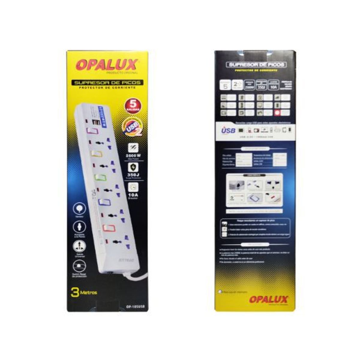 OPALUX - Supresor de Picos 5 Salidas + 2 Puertos USB OP-105USB OPALUX