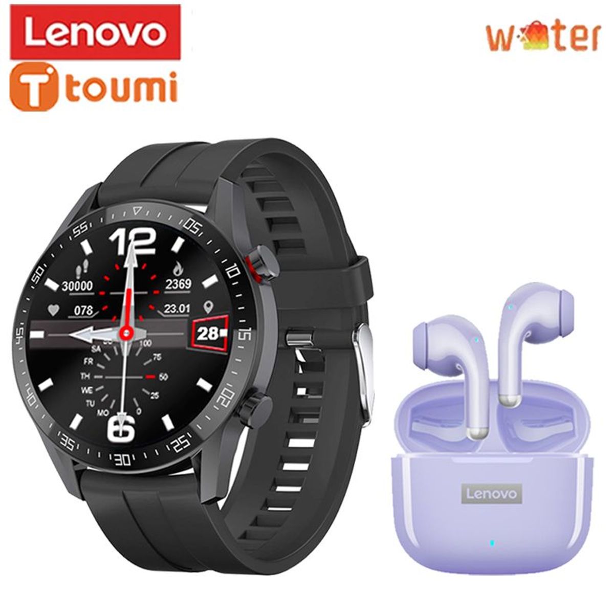 LENOVO - Toumi Watch GT-R 1.36 inch HD Reloj inteligente y Audífono Lenovo LP40