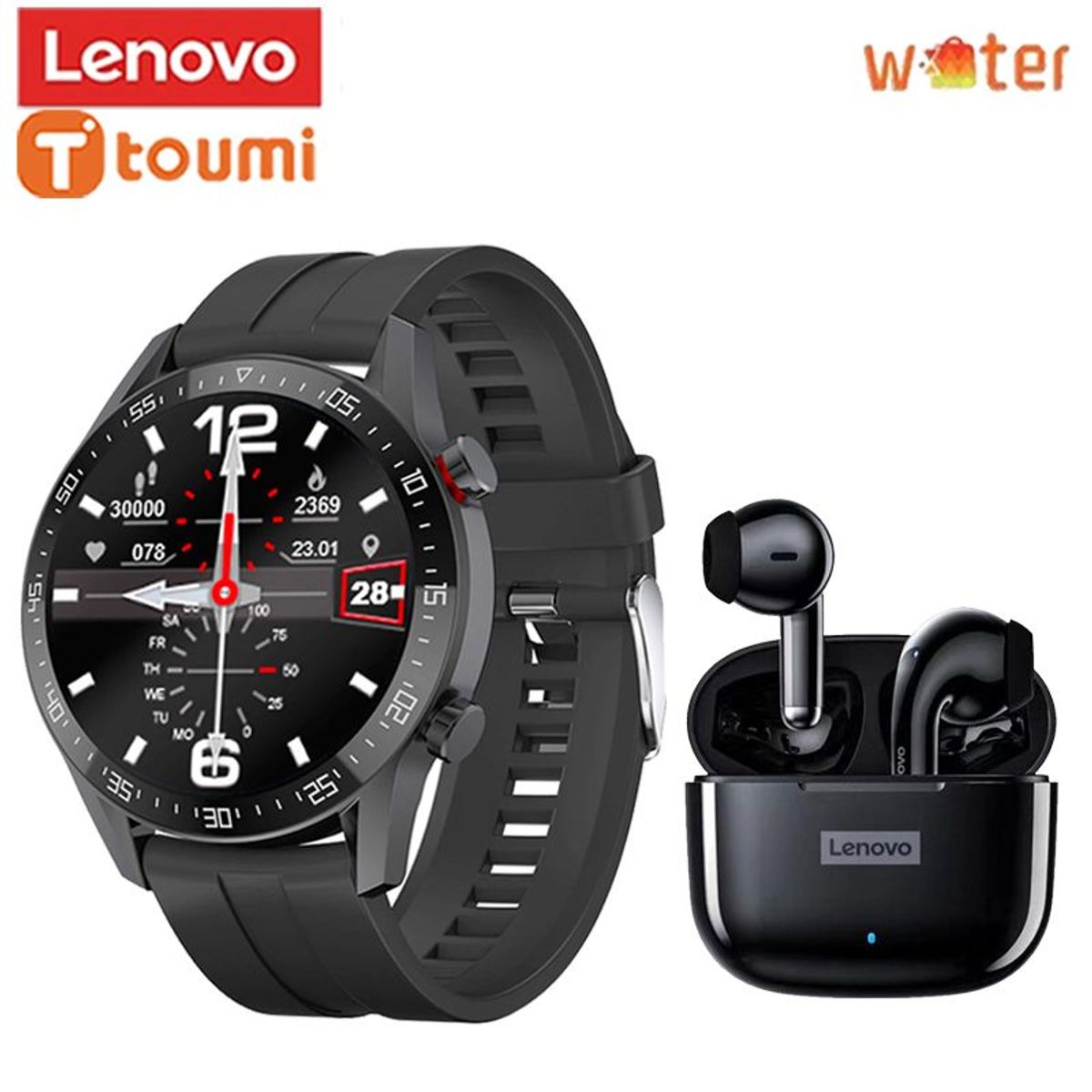 LENOVO - Toumi Watch GT-R 1.36 inch HD Reloj inteligente y Audífono Lenovo LP40