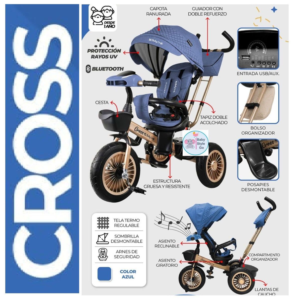 BABY - Triciclo Croos con Asiento Giratorio bluetooth Azul