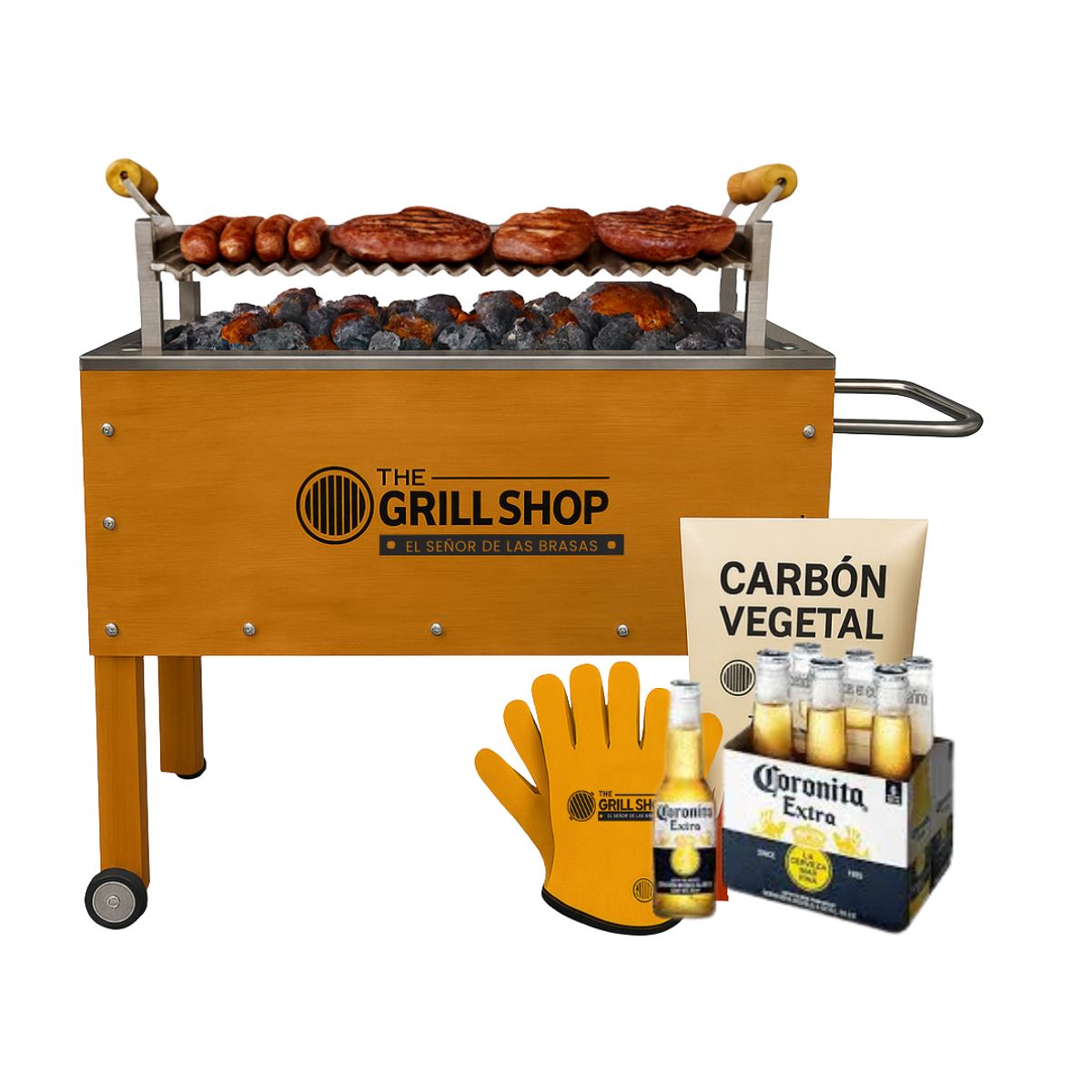 THE GRILL SHOP - Caja china mediana familiar Guantes Carbón Cerveza
