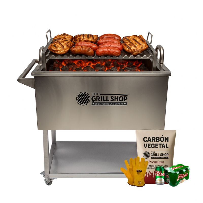 THE GRILL SHOP - Caja china mediana full acero inoxidable  Guantes  Carbon  Cerveza