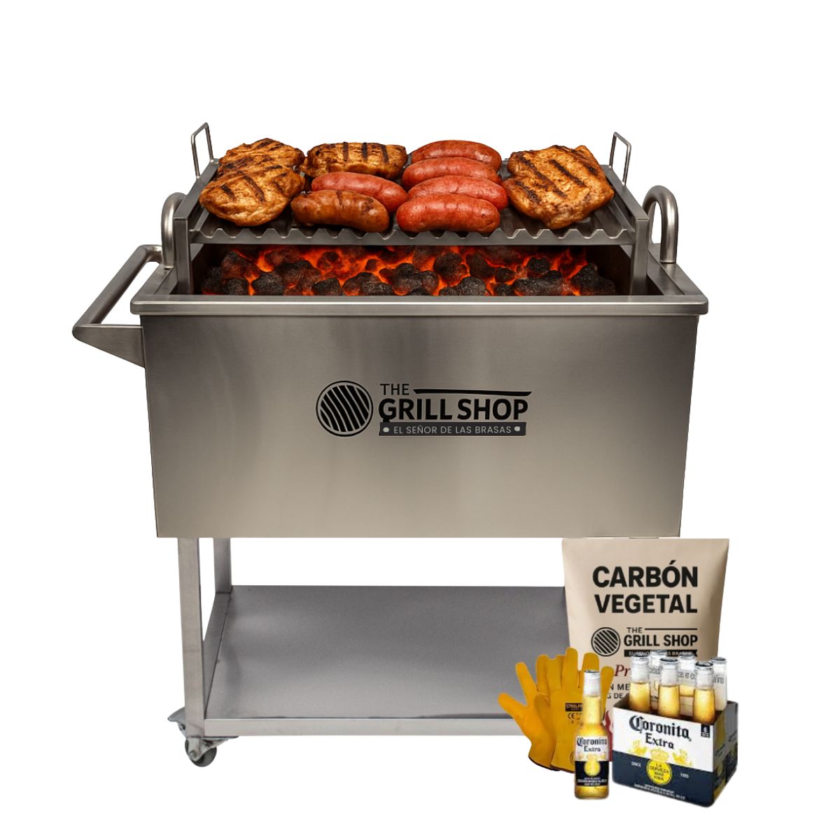 THE GRILL SHOP - Caja china mediana full acero inoxidable  Guantes  Carbon  Cerveza