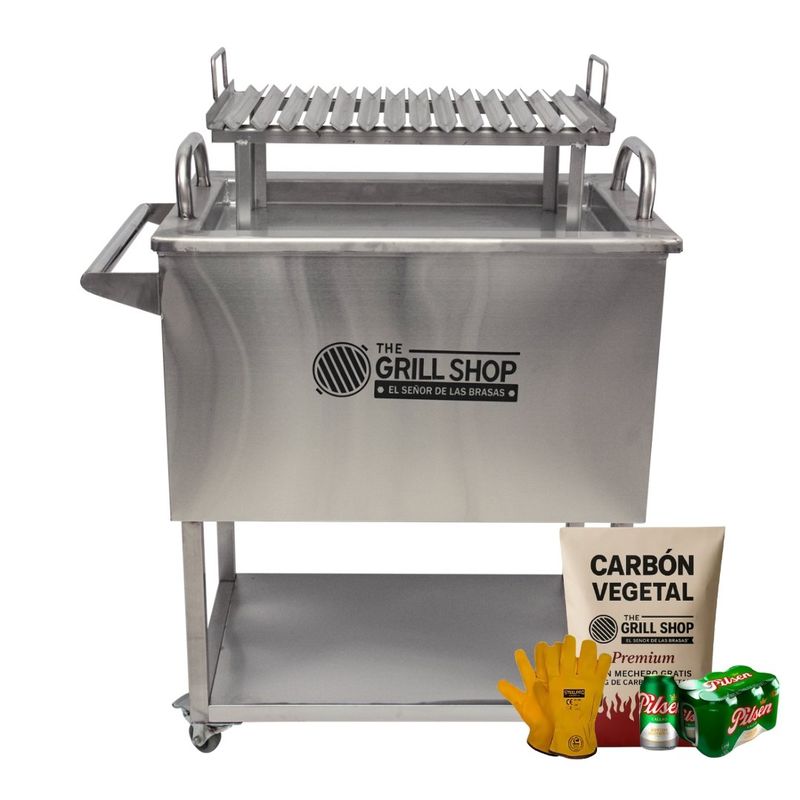 THE GRILL SHOP - Caja china mediana full acero inoxidable  Guantes  Carbon  Cerveza