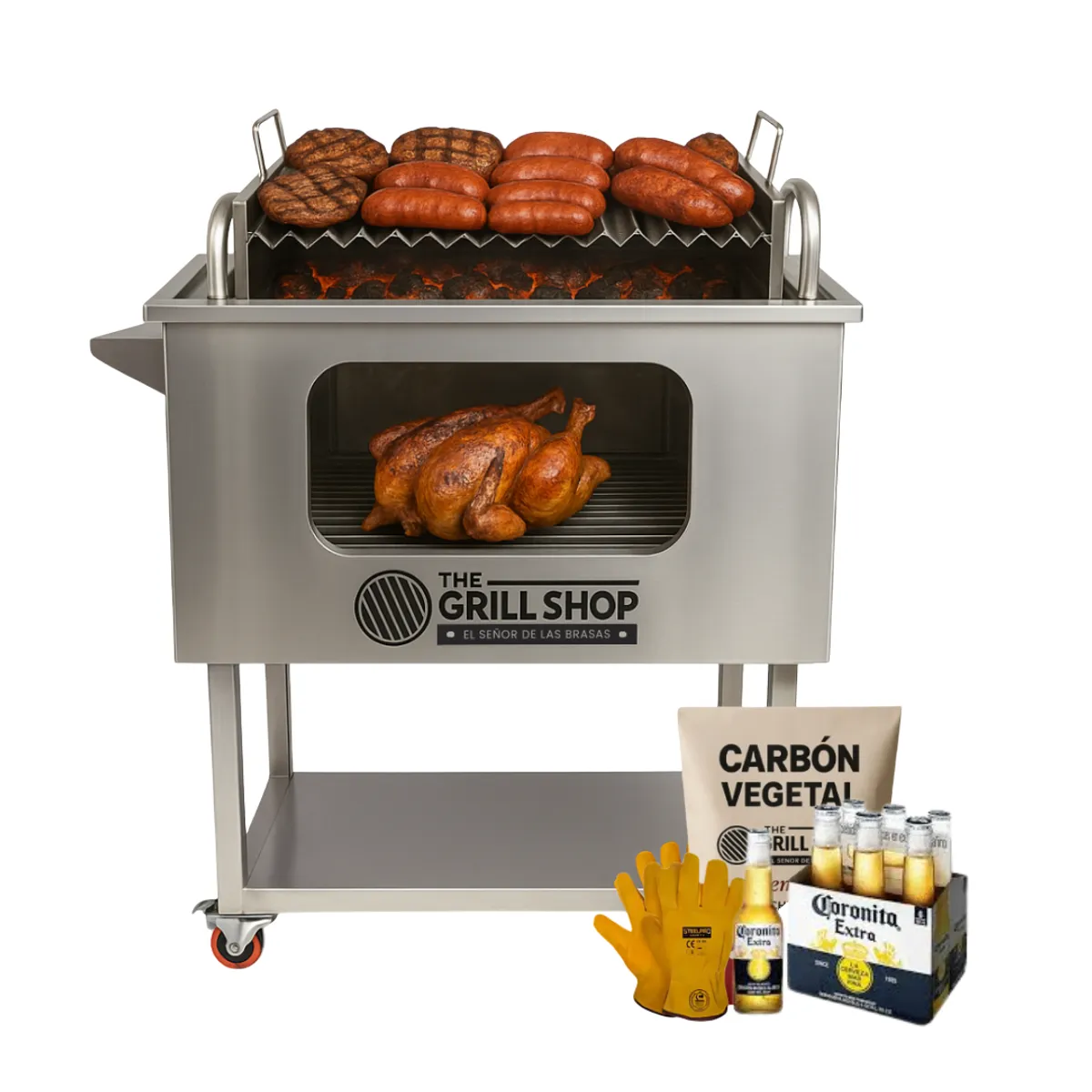 THE GRILL SHOP - Caja China Mediana Inoxidable  Visor + Guantes + Carbón + Cerveza