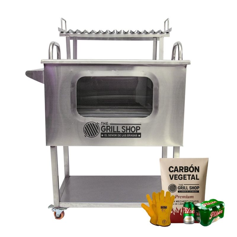 THE GRILL SHOP - Caja China Mediana Inoxidable  Visor + Guantes + Carbón + Cerveza