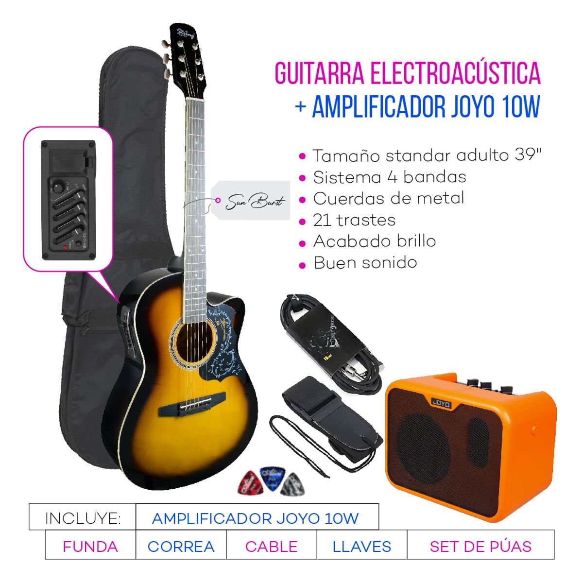 GENERICO - PACK GUITARRA ELECTROACUSTICO METAL SUNBURST