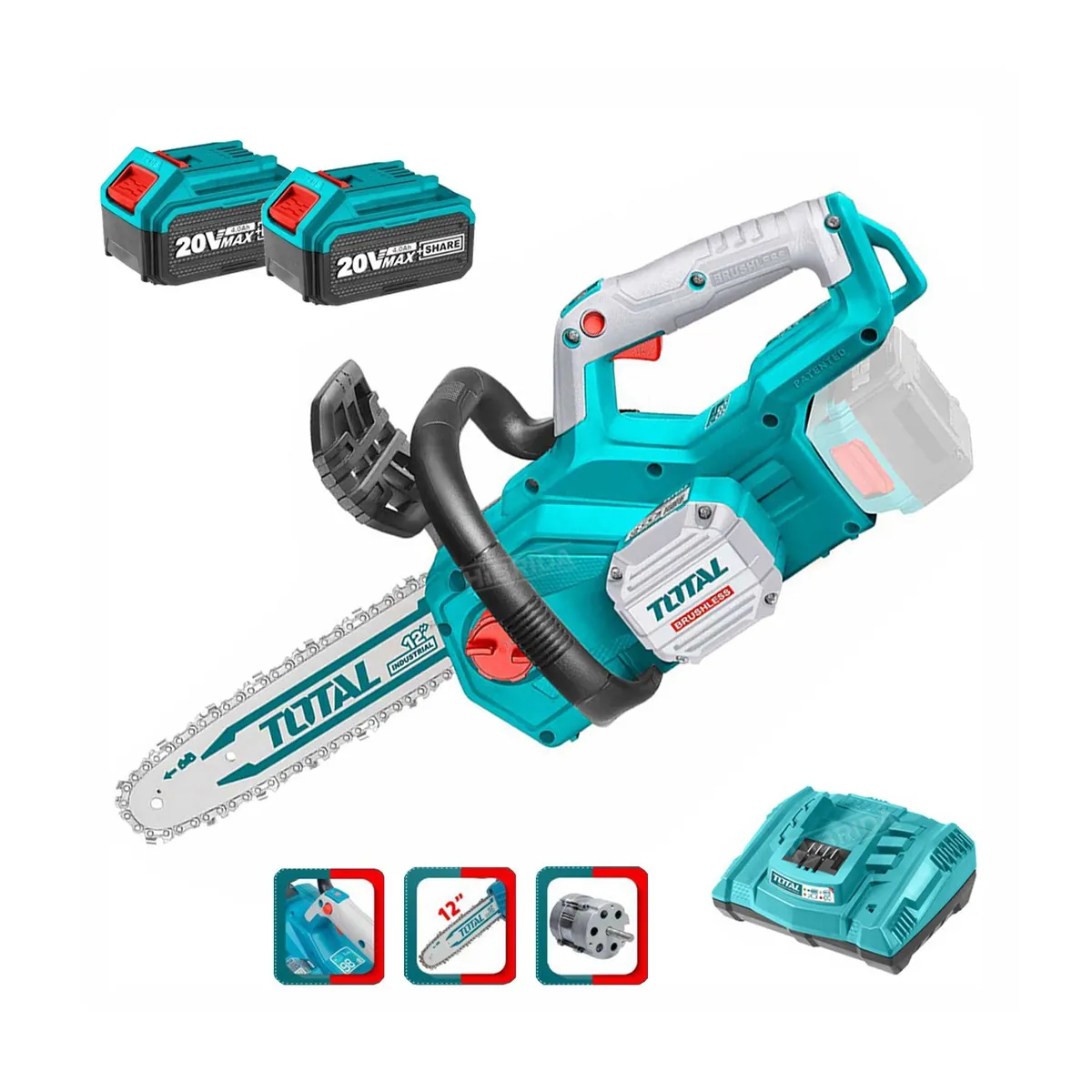 TOTAL TOOLS - COMBO MOTOSIERRA INALÁMBRICA CORTADORA MADERA 20V  Y 2 BATERÍAS 4 AH