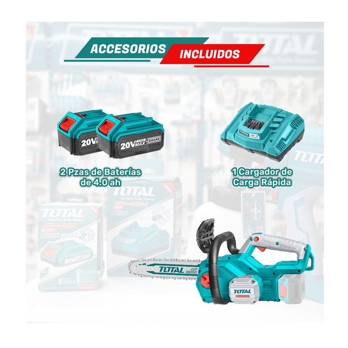 TOTAL TOOLS - COMBO MOTOSIERRA INALÁMBRICA CORTADORA MADERA 20V  Y 2 BATERÍAS 4 AH