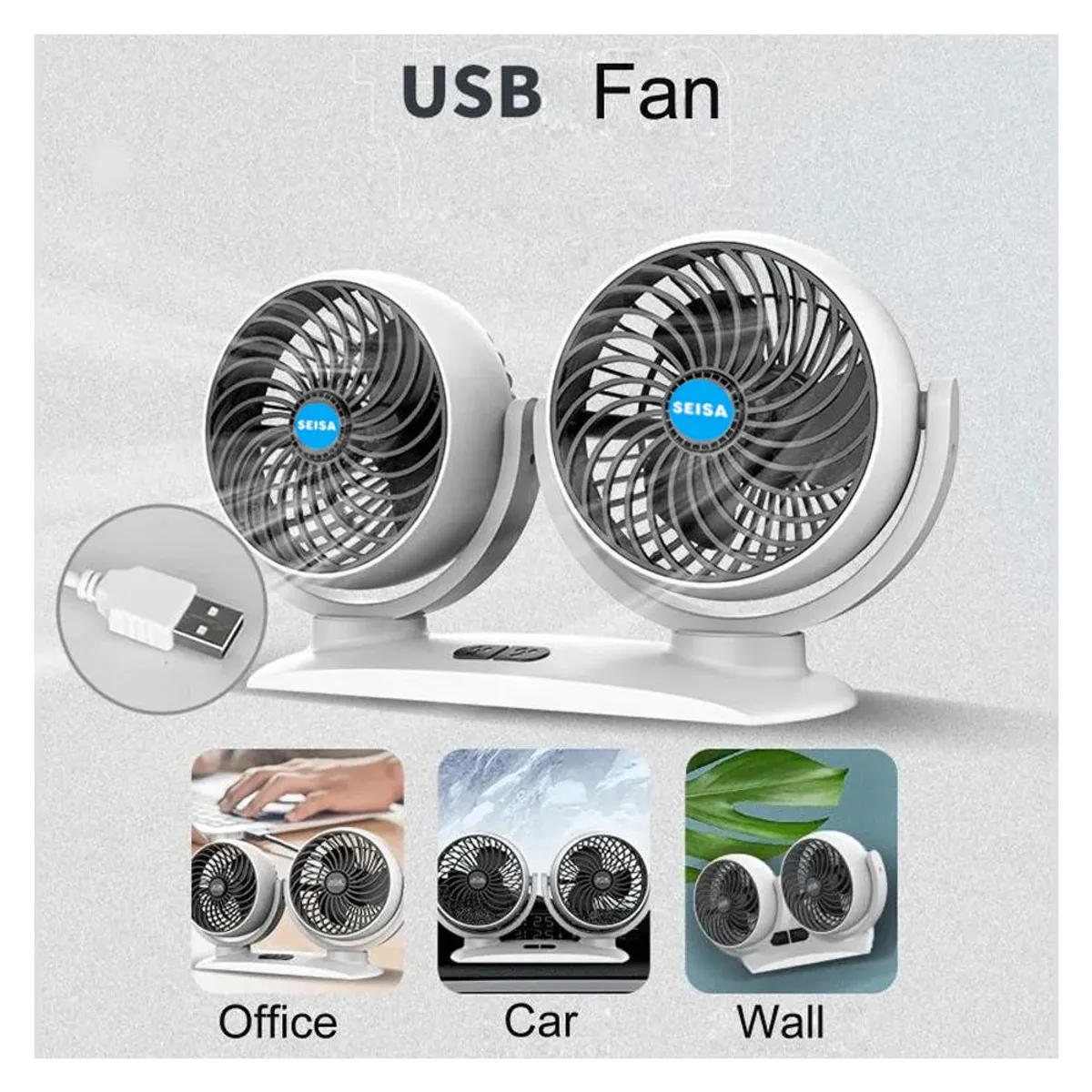 GENERICO - Ventilador para Auto de Doble Cabezal 12V Giratorio - Blanco