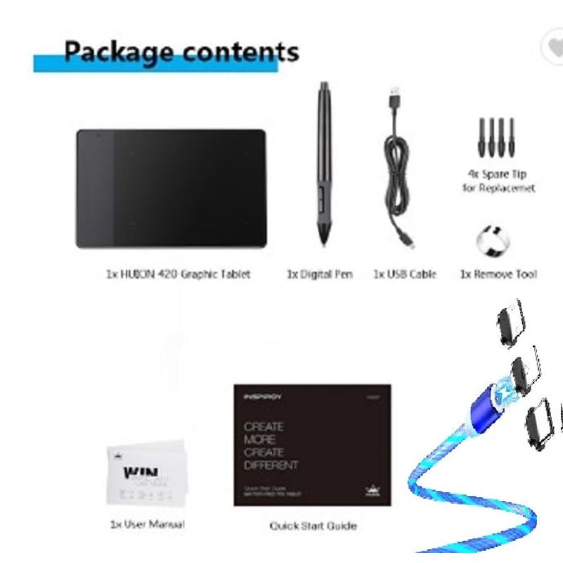 HUION - Tableta Gráfica Digital Huion 420 + CABLE LED AZUL