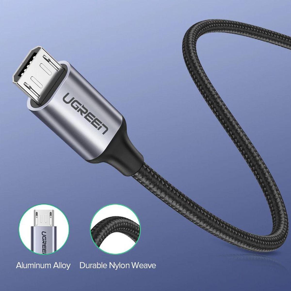 UGREEN - Cable PREMIUM USB 2.0 Micro Nylon Windows (3A) 100cm PC
