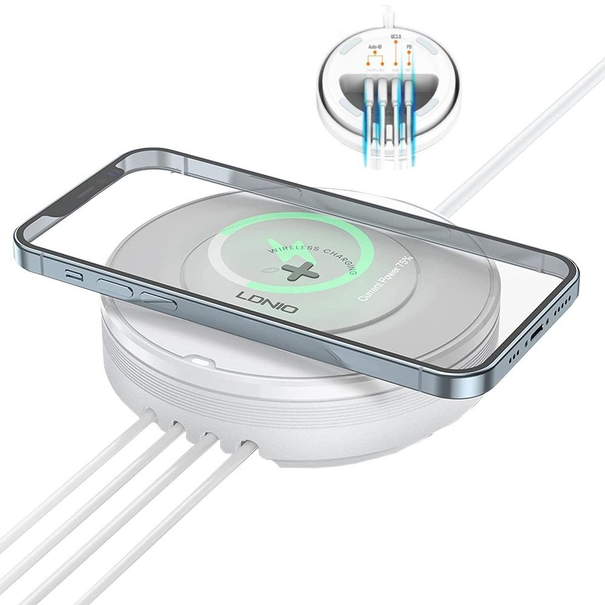 LDNIO - Cargador de Escritorio de 32W Carga Rápida AW003 Inalámbrica y 4 USB