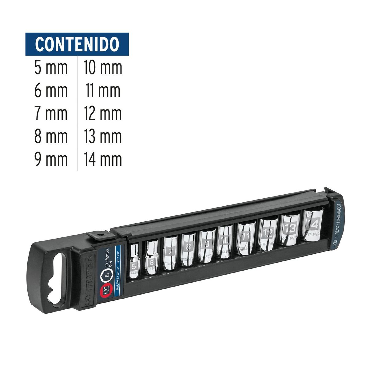TRUPER - Juego de 10 dados cuadro 1/4" mm Truper