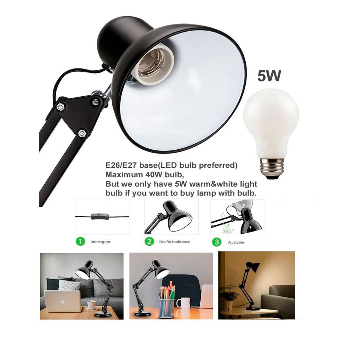 SEISA - Lámpara De Escritorio Con Brazo Ajustable De Metal Giratorio