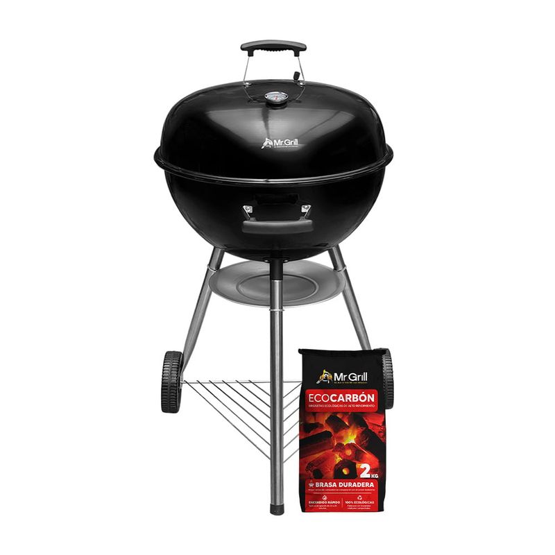 MR GRILL - Parrilla Round Grill 600 con Termometro + Eco Carbón Ecológico 2kg