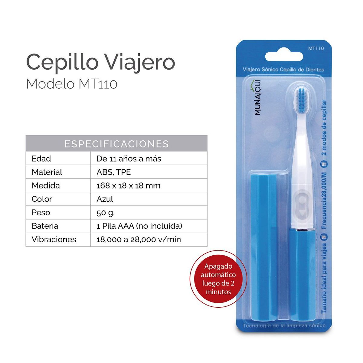 MUNAIQUI - Cepillo Dental Sónico Viajero con tapa Marca Munaiqui Color Azul