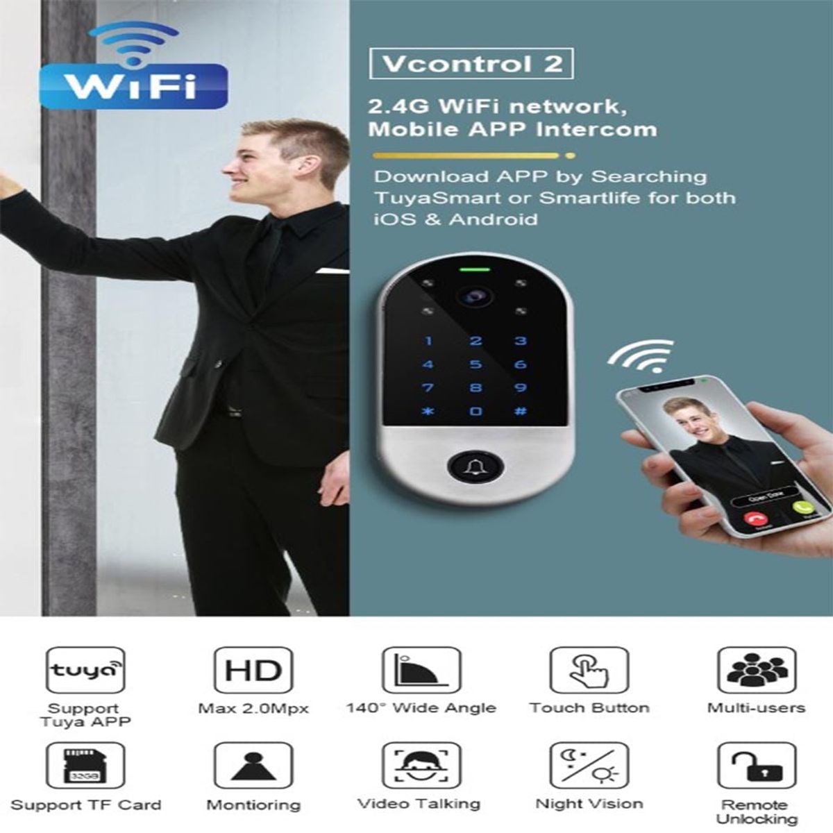 GENERICO - Video Portero Timbre Smart Camara Tuya WiFi 24Ghz Acceso Clave PST-VC1