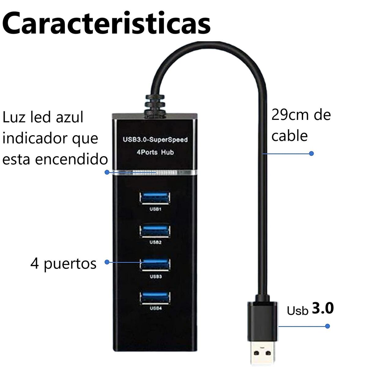 GENERICO - Mini Hub Usb 3.0 De 4 Puertos Para Pc y Laptop - NEGRO
