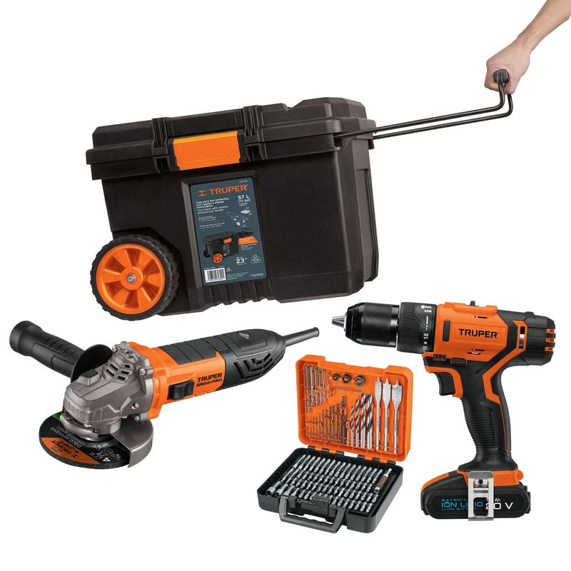 TRUPER - Combo taladro inalámbrico percutor, amoladora, puntas brocas 100 Pzas