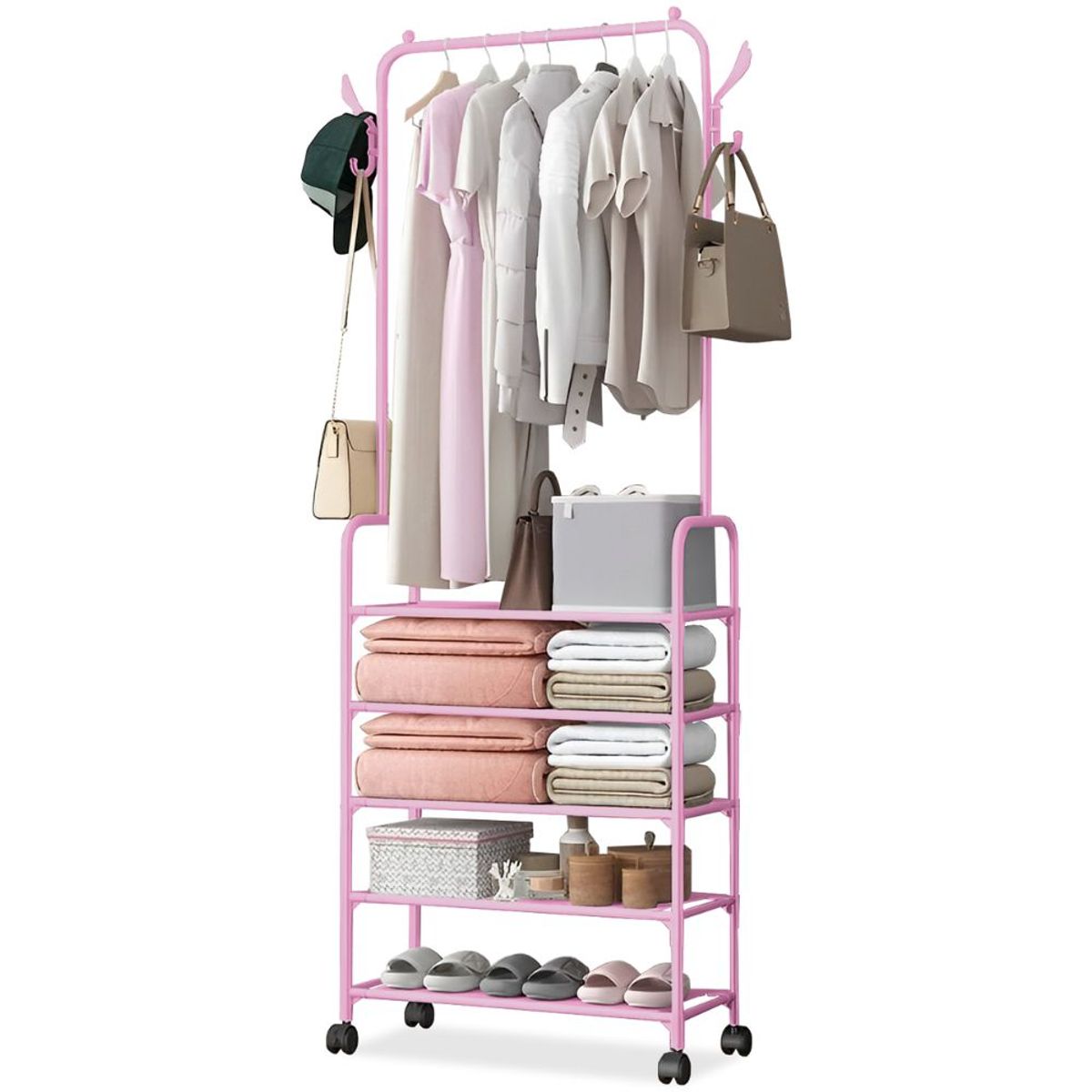 Colgador de Ropa Carteras Organizador Perchero con Ruedas Estante Rosado F28, marca MINARI - Foto Principal