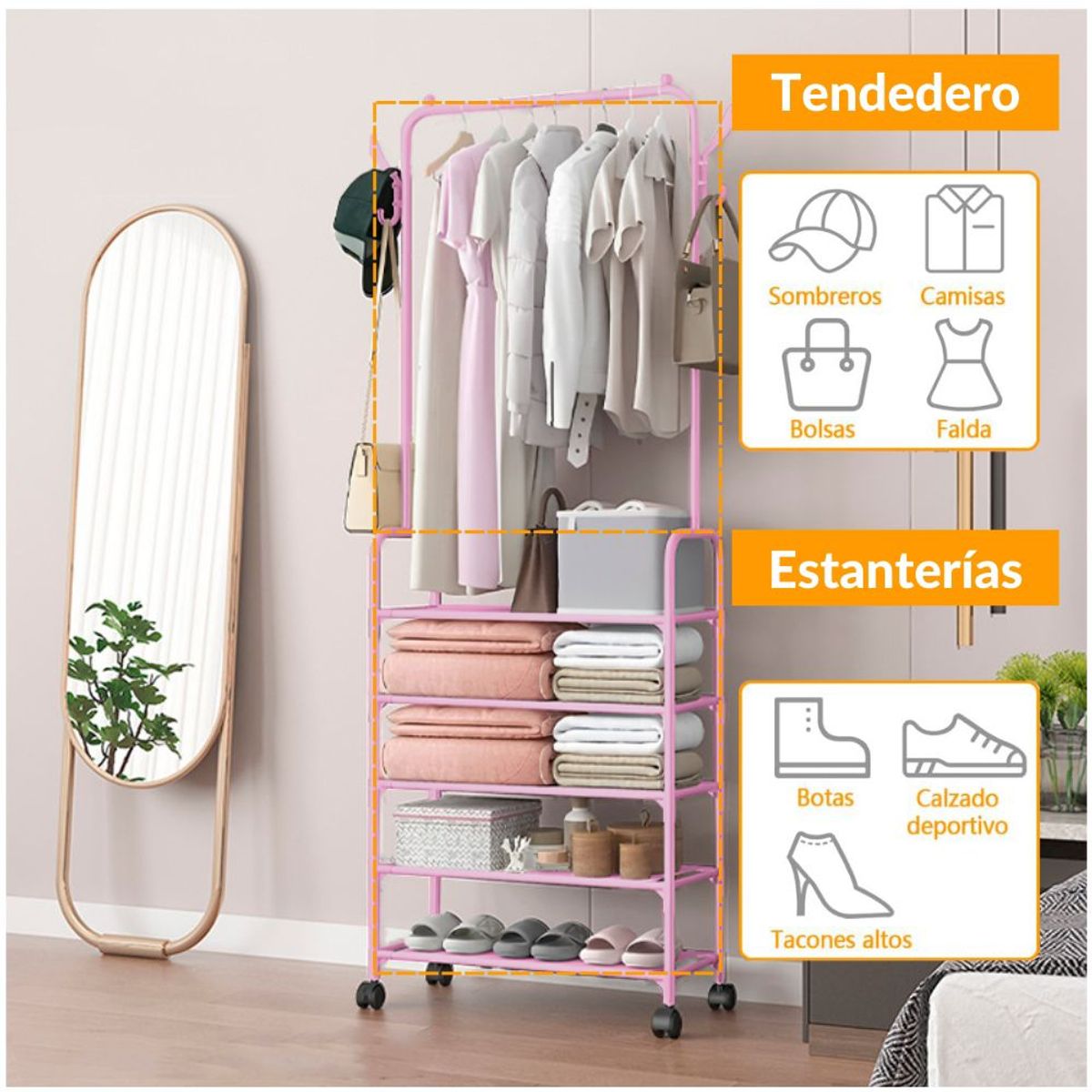 Colgador de Ropa Carteras Organizador Perchero con Ruedas Estante Rosado F28, marca MINARI - Foto 2