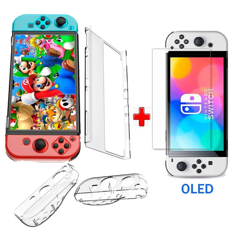 VARIOS - Pack Case para Nintendo Switch OLED y Mica de Vidrio Rígido Transparen