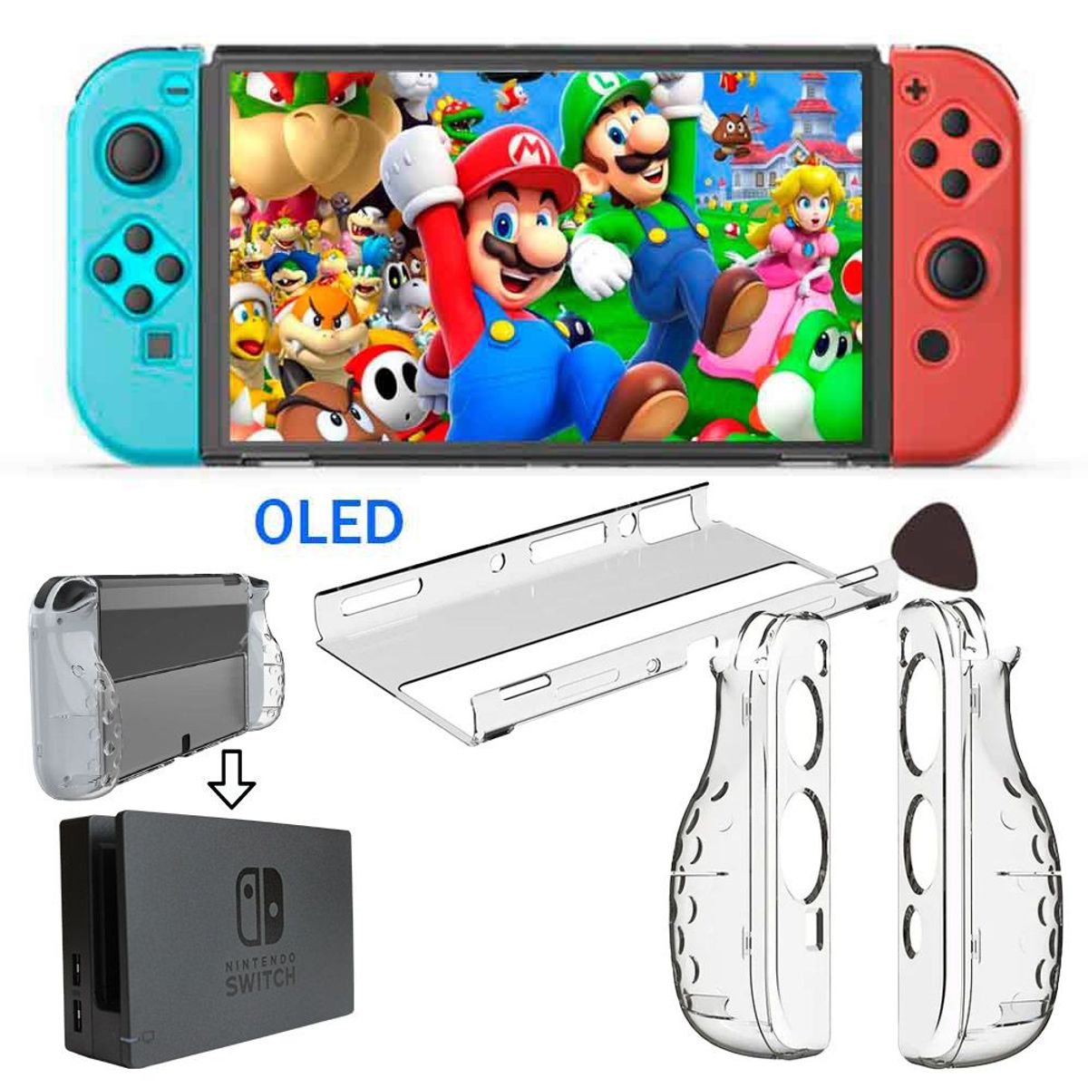 VARIOS - Pack Case para Nintendo Switch OLED y Mica de Vidrio Rígido Transparen