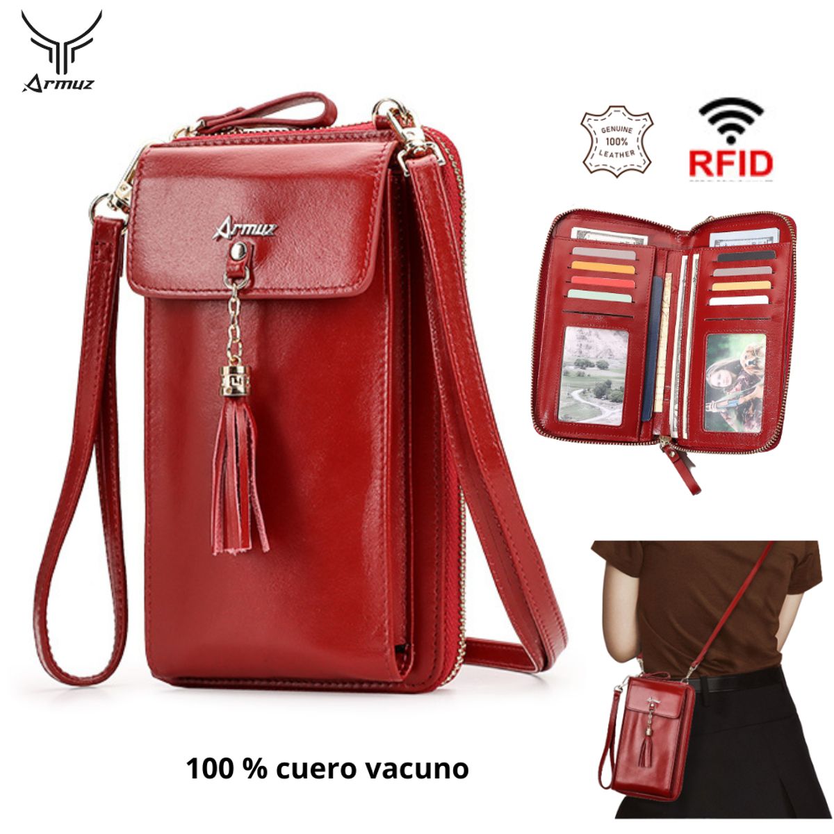 ARMUZ - Cartera de Cuero Vacuno Porta Celular DG1012 Mujer