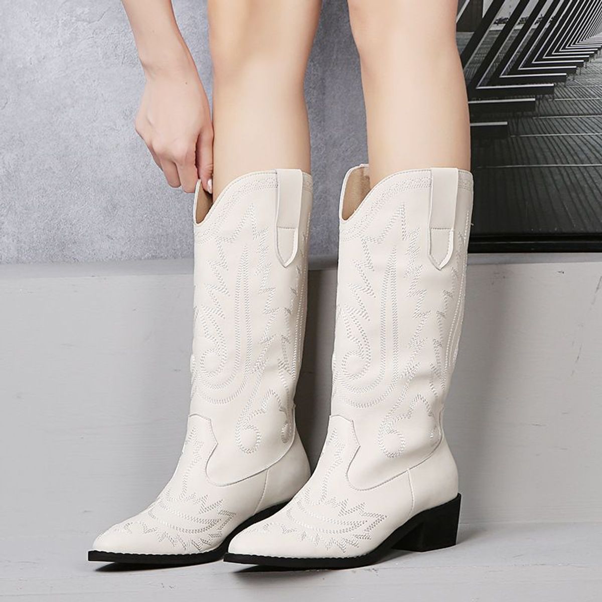 BLWOENS - Botas bordadas occidentales para mujer - Blanco