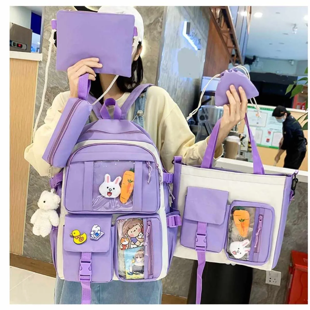 GENERICO - Mochila Kawai Set De 4 Piezas Con Accesorios Coreana Bolsos Cartuchera