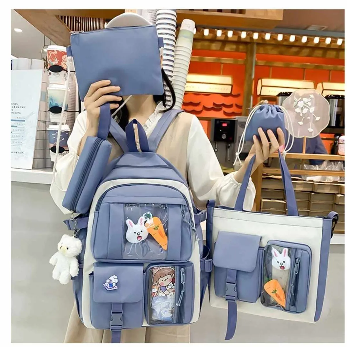 GENERICO - Mochila Kawai Set De 4 Piezas Con Accesorios Coreana Bolsos Cartuchera