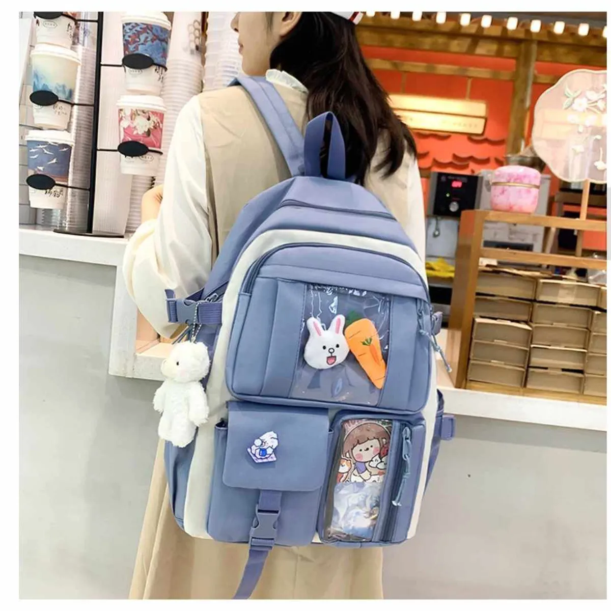 GENERICO - Mochila Kawai Set De 4 Piezas Con Accesorios Coreana Bolsos Cartuchera