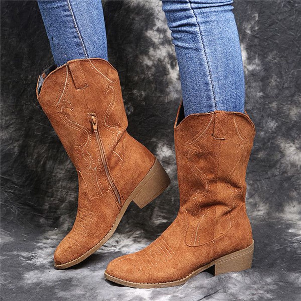 BLWOENS - Botas bordadas occidentales para mujer - Marrón