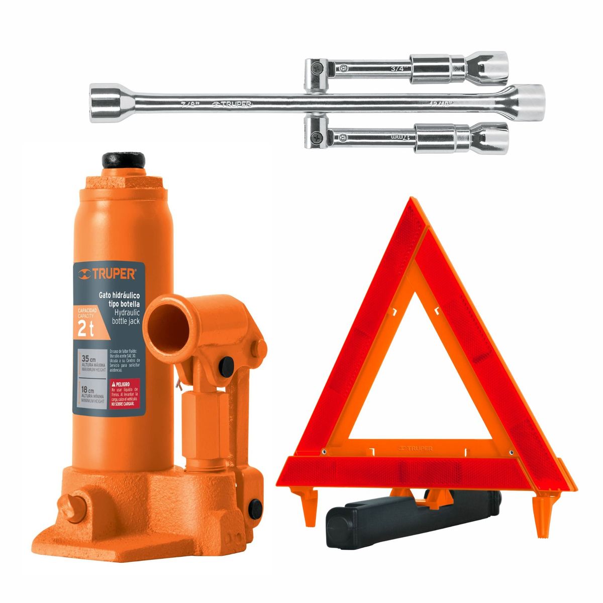 TRUPER - Kit Gata 2 ton triangulo de seguridad y llave ruedas Truper