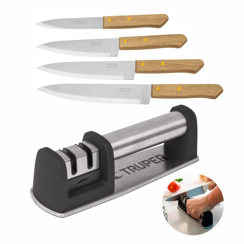TRUPER - Combo 4 cuchillos con afilador de cuchillos inox. Truper