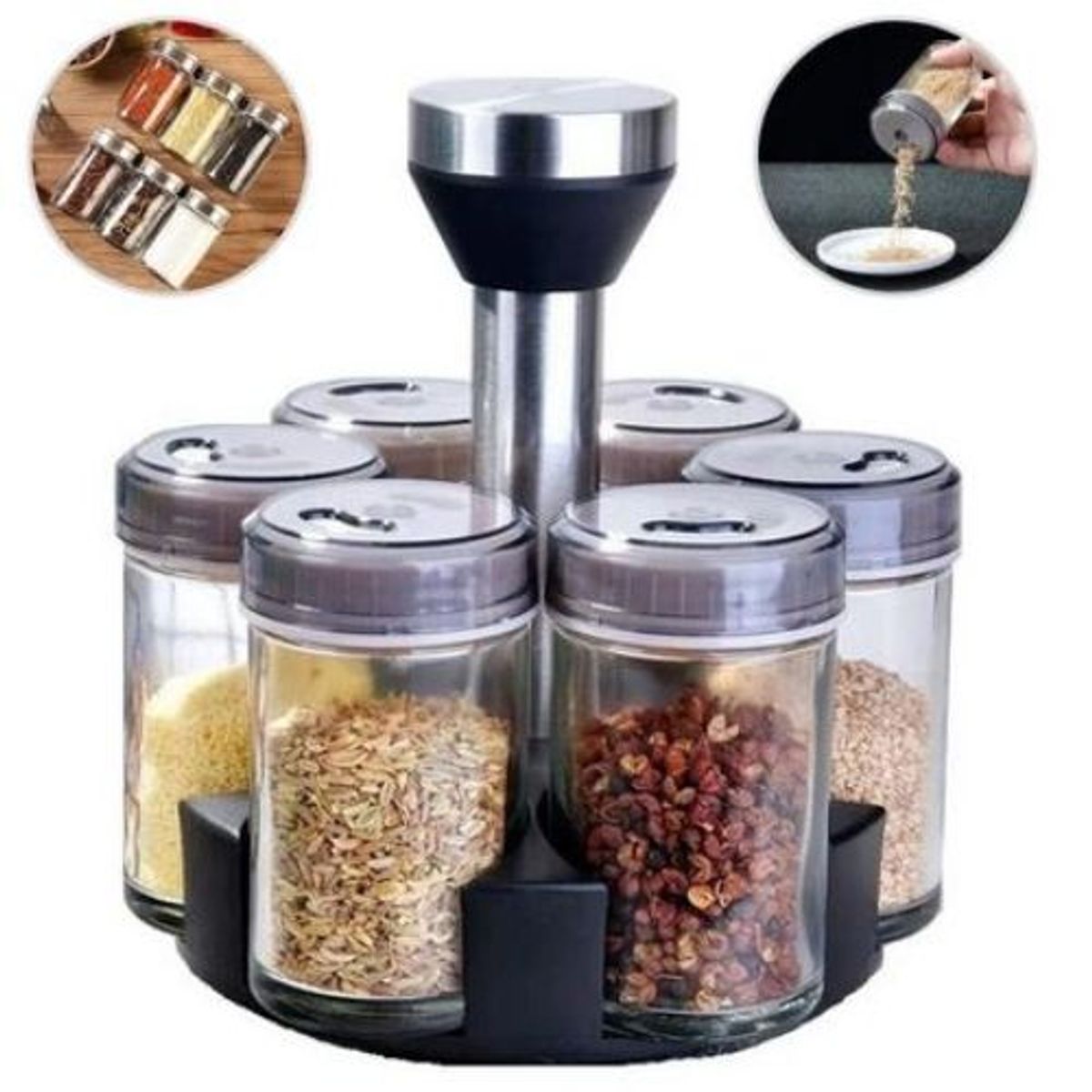 GENERICO - Condimentero de Vidrio Giratorio Set de 6 Piezas